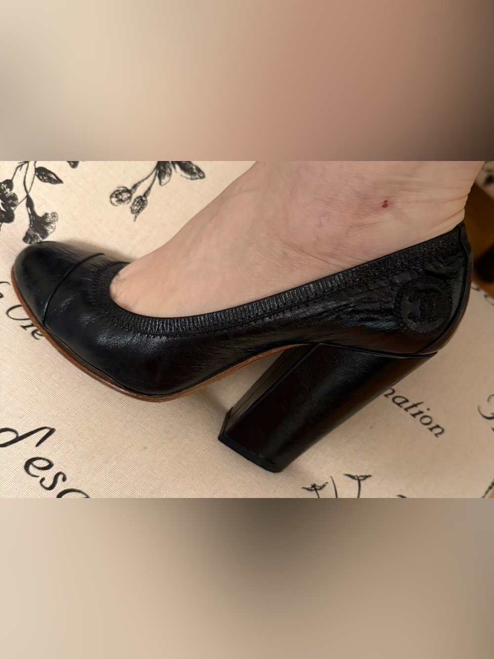 Chanel Vintage Black Leather Block Heel Pumps